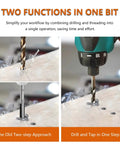 Two functions of 6-Piece Metric Drill And Tap Bit Set HSS M3 To M10 With 1/4 Inch Hex Shank highlighted in use on wood.