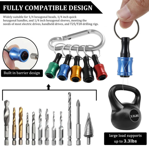 One Quarter Inch Hex Bit Holder Keychain Kit With Quick Change System showing colorful aluminum alloy carabiners and bits
