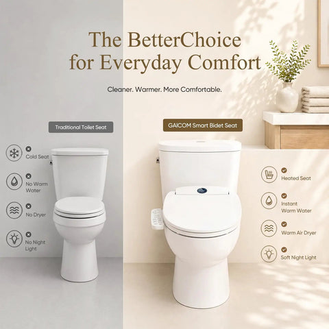 Comparison of traditional toilet seat and No Fuss Electric Bidet Toilet Seat For Elongated Toilets With Heated Seat And Instant Warm Air Dryer.
