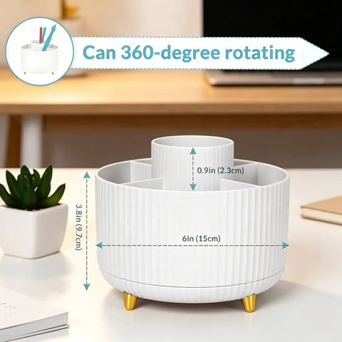 360 Degree Rotating Pen Holder With Five Slots, sturdy ABS plastic desk organizer on a table with measurements