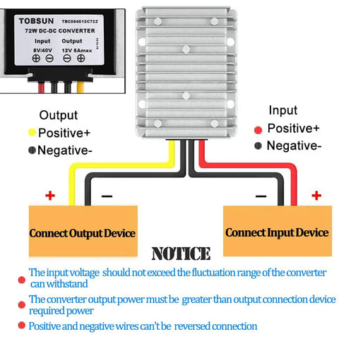 Workhorse DC 8V To 40V Step Down Voltage Converter with wiring diagram for proper input and output connections.