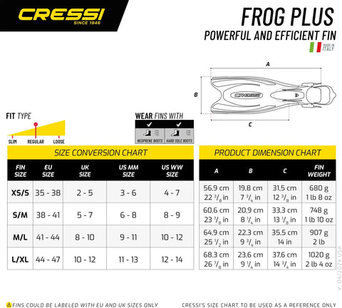 Size chart for Frog Plus Open Heel Scuba Fin Beefy Dual Density Blade With Three Material Injection Mold Tech Comfortable Foot Pocket.