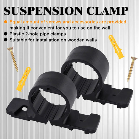 Two black plastic 1/2 inch pipe suspension clamps with mounting bases and screws for PEX/Cu/CPVC pipes