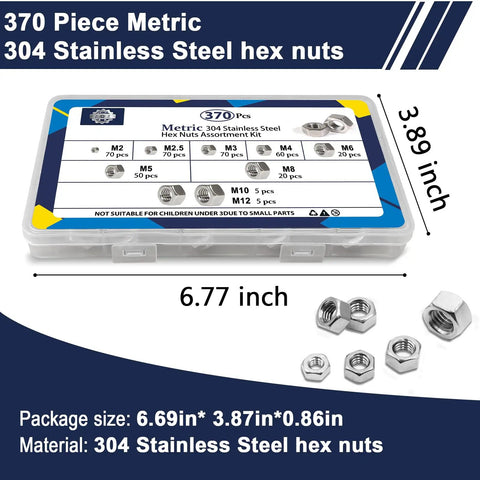 370 Piece Metric Hex Nuts Set With Nine Sizes M2 To M12 In 304 Stainless Steel storage box with visible dimensions and nuts