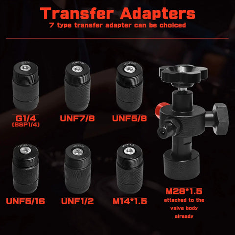 Hydraulic Nitrogen Accumulator Charging Kit with seven adapters, including G1/4, UNF7/8, UNF5/8, UNF5/16, UNF1/2, M14*1.5, M28*1.5.