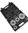 Get This Rock Solid Aramox Hole Saw Kit For Concrete Jobs With Seven Tungsten Steel Sizes From 30 Mm To 110 Mm And An Sds Plus Shank Making Masonry Tasks Way Easier And Faster For Your Next Big Build Or Repair Job At Home. open case with tungsten steel hole saw set and SDS Plus shank