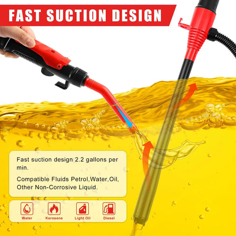 Grab And Go Battery Powered Transfer Pump Portable Cordless Electric Siphon For Gas Diesel And Water Quick Flow With Extended Hose in use siphoning liquid.