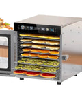 Premium Electric Food Dehydrator Machine With 12 Stackable Trays filled with colorful dried fruits inside a stainless steel unit.