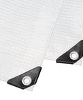 Close-up of Heavy Duty Waterproof Clear Mesh Tarp 10x30 Ft 1 Pack Built To Last Tough As Nails 3-Ply Polyethylene Shelter corners with grommets.