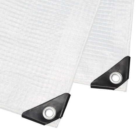 Close-up of Heavy Duty Waterproof Clear Mesh Tarp 10x30 Ft 1 Pack Built To Last Tough As Nails 3-Ply Polyethylene Shelter corners with grommets.
