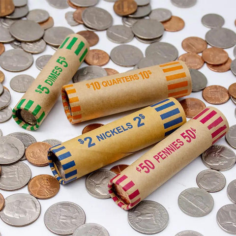 Easy Coin Sorter Tube Set With Wrappers, 5 in 1 Change Counter Machine showing wrapped coin tubes surrounded by scattered coins