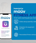 Smartphone displaying müüv Fitness App features with text about audio coaching, assembly video, equipment integration, and workouts.