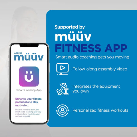 Smartphone displaying müüv Fitness App features with text about audio coaching, assembly video, equipment integration, and workouts.