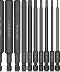 10 Piece Metric Hex Bit Set With One Quarter Inch Shank S2 Steel Magnetic Tips Long Allen Wrench Drill Bits Range 12mm To 1.5mm For Ikea Furniture Assembly Workhorse Pro Grade Socket Bit Set Black displayed in a row