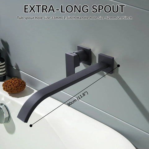 Matte Black Wall Mount Tub Filler Faucet With Extra Long Spout installed over modern bathtub