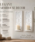 Solid Wood Farmhouse Candle Sconces Set Of Two Wall Mount Holders With Mirrored Backdrop, 16.5x6.7 inches, distressed white decor.