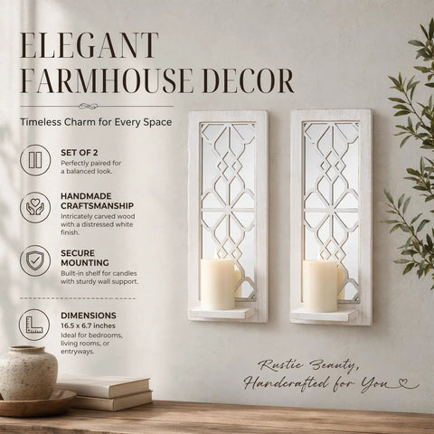 Solid Wood Farmhouse Candle Sconces Set Of Two Wall Mount Holders With Mirrored Backdrop, 16.5x6.7 inches, distressed white decor.