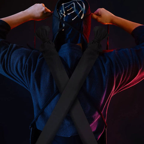 Person wearing Two Piece Sword Bag Set With Straps 50 Inch Long Katana Cover And Sword Carrying Case on back, dark background
