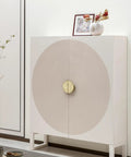 White cabinet with concentric circle design and gold pull, featuring Two Pack Half Moon Cabinet Pulls Chinese Style Handle Antique Zinc Alloy Gold Finish.