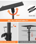Projector And Laptop Stand Tripod Adjustable Floor Stand From 24.4 To 46 Inches shown with 360-degree tilt and elastic belt