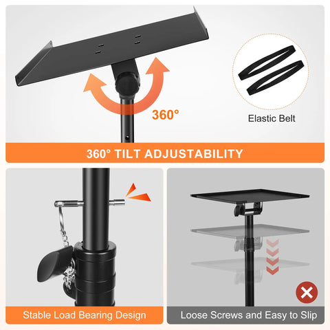 Projector And Laptop Stand Tripod Adjustable Floor Stand From 24.4 To 46 Inches shown with 360-degree tilt and elastic belt