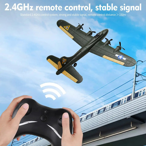 B-17 RC Plane Beginner Friendly Ready To Fly EPP Foam Glider With 2 Channel 2.4GHz Remote flying over a train