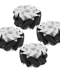 Set of four 100mm steel mecanum wheel modules with aluminum frame and rubber rollers for omni-directional robot car.