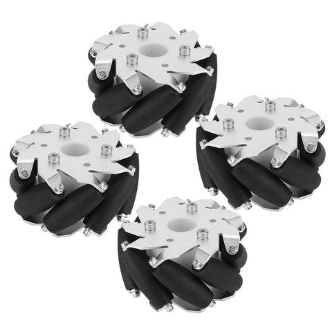4-Pack 100mm mecanum wheels for robots with rubber rollers and aluminum chassis