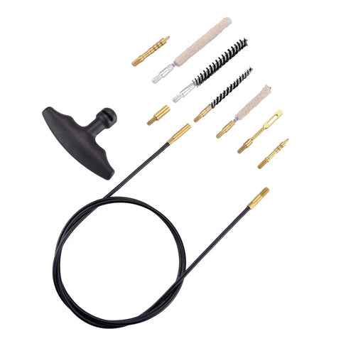Pro Grade Airgun Cleaning Kit For.177 And.22 Calibers with cable, cotton mops, nylon brushes, brass jags and patch holder.