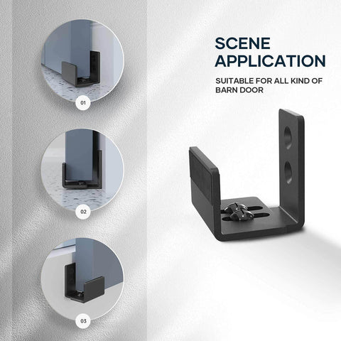 Sliding Barn Door Floor Guide Set, U Shape, Flexible Adjustable Gap, flush bottom wall mount system, black, 2 pack, heavy-duty steel.