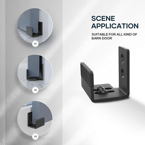 Sliding Barn Door Floor Guide Set For Doors And Cabinets, U Shape, Black Finish, Wall Mount System, Heavy Duty Steel