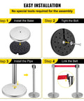Easy installation steps for Set Of 6 Heavy Duty Crowd Control Stanchions With 6.6 Feet Red Retractable Belts Rubber Base Iron Frame.