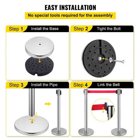 Easy installation steps for Set Of 6 Heavy Duty Crowd Control Stanchions With 6.6 Feet Red Retractable Belts Rubber Base Iron Frame.
