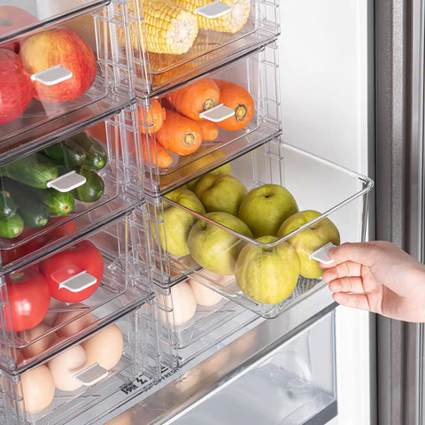Clear 2 pack stackable makeup organizer bins with handles for fridge, storing apples and other produce, modular drawer friendly