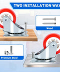 Heavy Duty 2.5 Inch Swivel Plate Casters Set Of 4 With 800 Lb Capacity Screws Included Ready To Roll For Workbenches Carts Dollies Workshops And Industrial Use Smooth 360 Degree Swivel Movement showing two installation ways on wood and steel surfaces.