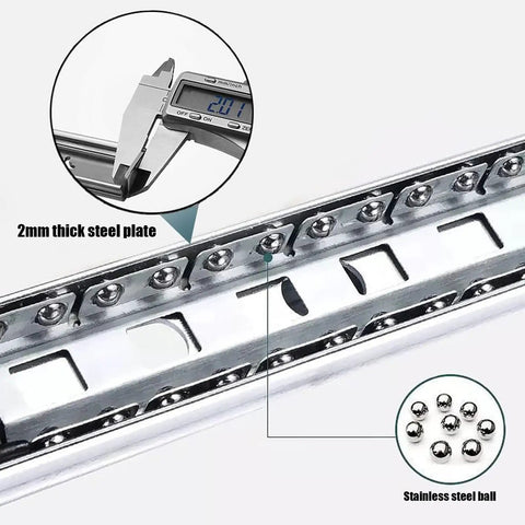 Close-up of Beefy Drawer Slides With Lock And Soft Close Full Extension Ball Bearing Detachable Sides For Cabinets And Tool Chests Fits 300mm 500mm Or 950mm Length 1 Pair with 2mm steel plate and stainless steel balls.