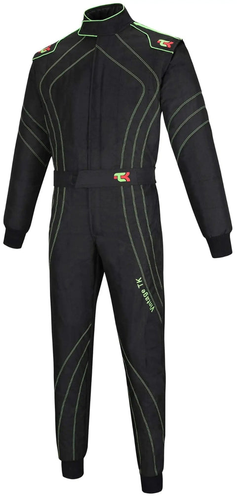 Black XXL Go Kart Racing One Piece Cordura Suit for Adults with two-layer comfort inside mesh liner, velcro collar, elastic cuffs.