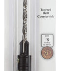 The Real Deal Heavy Duty Hss Tapered Drill Countersink Bit With One Quarter Inch Hex Shank For Eight Tapered Wood Screws And Pilot Holes Three Eighth Inch 82 Degree Counterbore Shop Staple Replaces Part 44011 in packaging, showing 11/64 inch size and tapered design.