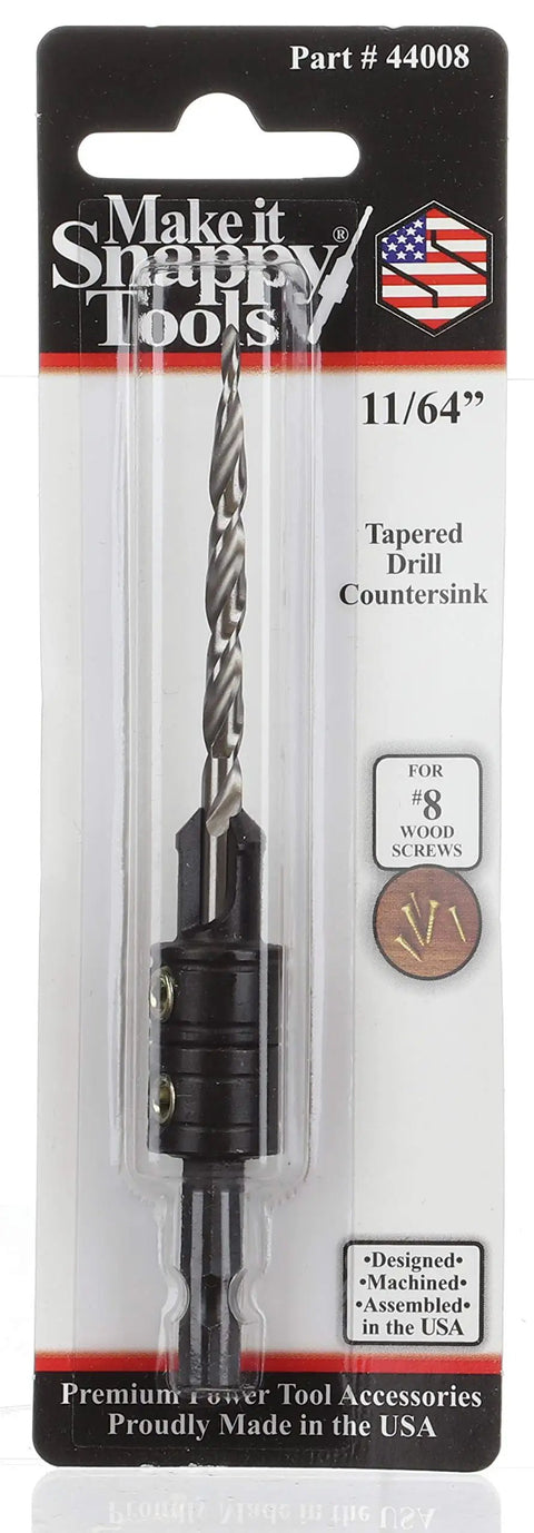 The Real Deal Heavy Duty Hss Tapered Drill Countersink Bit With One Quarter Inch Hex Shank For Eight Tapered Wood Screws And Pilot Holes Three Eighth Inch 82 Degree Counterbore Shop Staple Replaces Part 44011 in packaging, showing 11/64 inch size and tapered design.