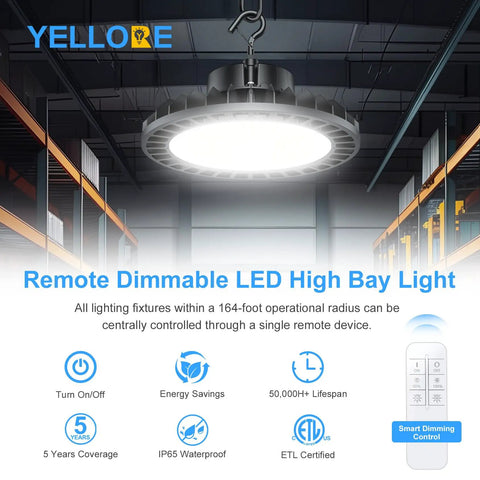 LED High Bay Light 240W 36000LM 5000K Dimmable With Remote Control ETL Listed IP65 Waterproof shown in industrial warehouse