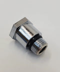 Chrome oil pressure gauge adapter fitting with hex nut and male threads, close-up view.