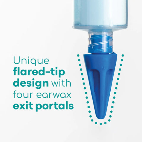 Close-up of Easy Water Rinse Ear Wax Removal Kit's blue Quad Stream tip with flared design and four exit portals.
