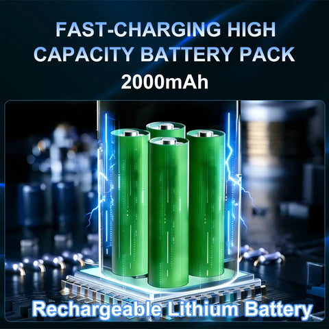 Fast-charging 2000mAh rechargeable lithium battery pack with green cylindrical cells on a futuristic platform