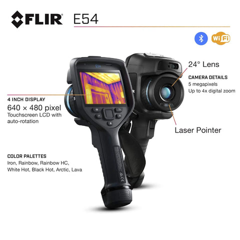 Pro Grade Thermal Imaging Camera With 24 Degree Lens, 320 By 240 Infrared Resolution, Minus 20 To Plus 650 Celsius Range, MSX Visual Enhancements, 4 Inch Touchscreen, MeterLink Ready with colorful display and 24° lens description.