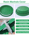 Heavy Duty Resin Manhole Cover For Outdoor Drainage Embedded Sewage Basin Lid Garden Lawn And Landscape Drainage Solutions Built To Last Outdoor Ready Rust Resistant Septic Tank Access Cover, showing round green cover with caliper measurement.