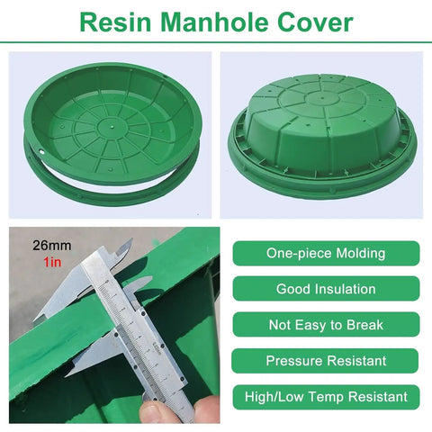Heavy Duty Resin Manhole Cover For Outdoor Drainage Embedded Sewage Basin Lid Garden Lawn And Landscape Drainage Solutions Built To Last Outdoor Ready Rust Resistant Septic Tank Access Cover, showing round green cover with caliper measurement.