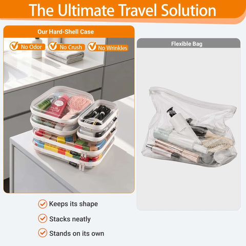 Clear Hard Shell Zipper Case Set For Diaper Bag Organization featuring stacked multi-size pouches, perfect for travel toiletries and essentials.