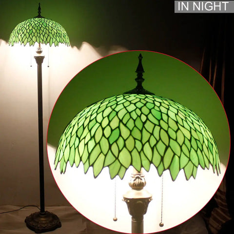 Green Stained Glass Lampshade Replacement, 16 Inch Wide by 7 Inch High, Vintage Wisteria Pattern on floor lamp at night