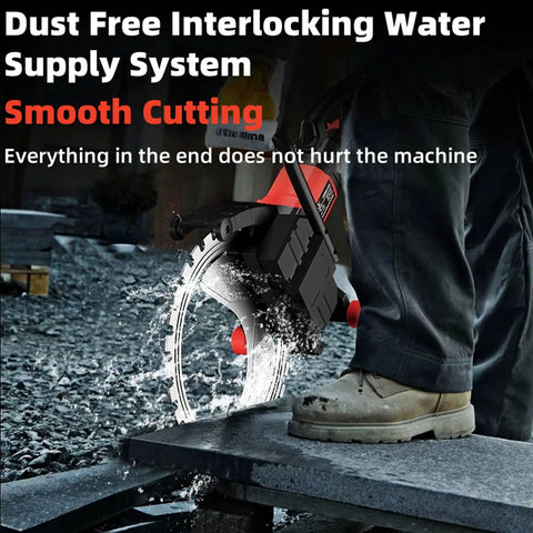 16 Inch Electric Concrete Saw With 9800W High Power Motor and Water Fed Dust Suppression cutting through stone with water cooling system.
