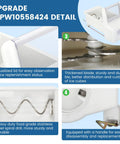 Ice Maker Replacement WPW10558424 Ice Bucket Assembly details showing lid, blade, spiral drill, and handle features.